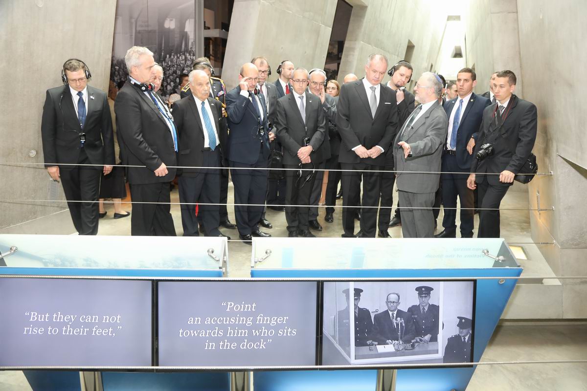 Dr. Robert Rozett (right), Director of Yad Vashem's Libraries, guided the President of the Slovak Republic, Andrej Kiska, at the Holocaust History Museum which bears mini exhibits between each display hall – this one is about the Eichmann Trials